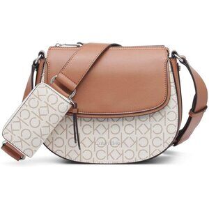 👑Women's Vanilla Caramel Leather CK Monogram Adjustable Strap Crossbody Bag